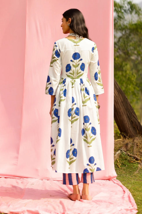 Phagun Blue Poppy Angrakha Kurta Pant Set